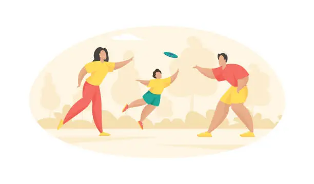 Vector illustration of Parents play frisbee with their child. Man throws blue disc to woman and boy tries catch it