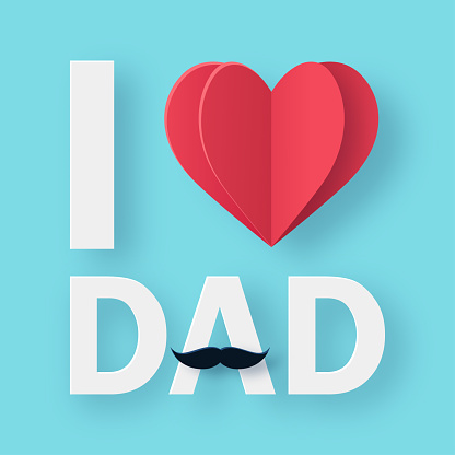 I love Dad typography poster with flying origami heart and paper mustache. Happy Fathers Day background, banner, greeting card or flyer design. 3d Paper art, digital craft style. Vector illustration
