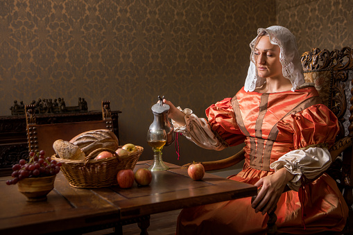 Portrait of a beautiful historical dutch noble woman wearing historically correct outfit in a typical townhouse