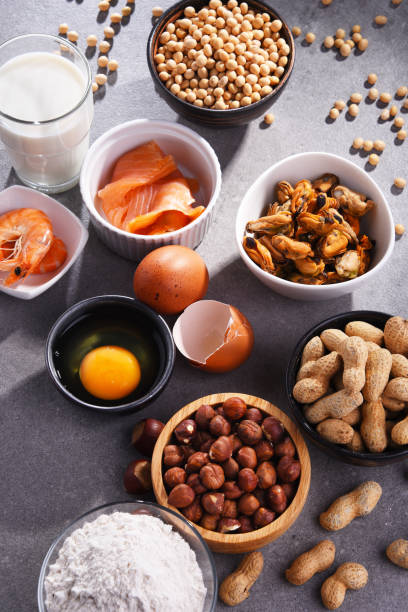 Composition with common food allergens Composition with common food allergens including egg, milk, soya, peanuts, hazelnut, fish, seafood and wheat flour food allergies stock pictures, royalty-free photos & images