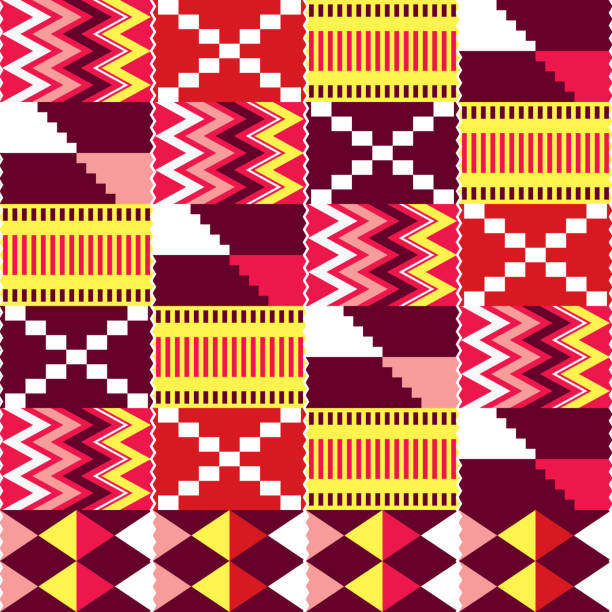 아프리카 켄트 nwentoma 천 스타일 벡터 매끄러운 패턴, 빨간색, 갈색과 분홍색 디자인 지그재그와 기하학적 모양가 가나 부족 직물 이나 직물에서 영감을 - ghana stock illustrations