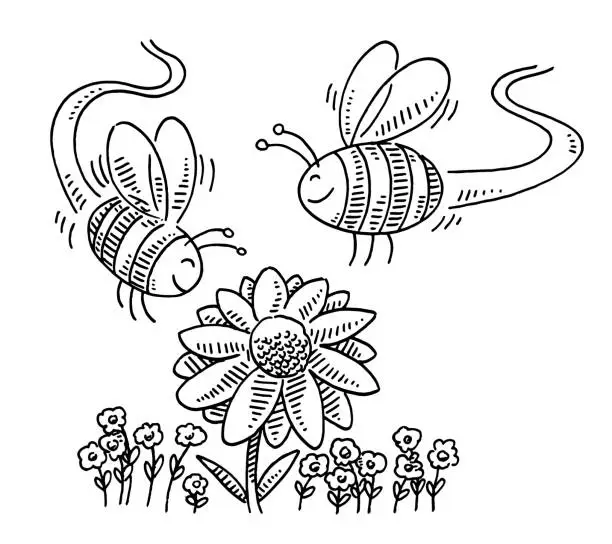 Vector illustration of Cute Cartoon Bees Flying Around Flower Drawing