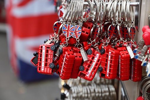 Souvenirs from London at a gift store. London is the most populous city in the UK with 13 million people living in its metro area.