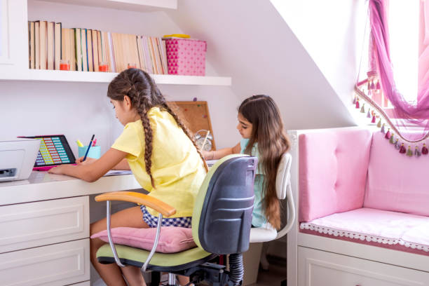 istock Littel girls online education at home 1318430521