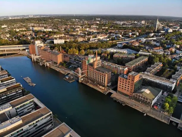 Duisburg city Inner Harbor aerial view