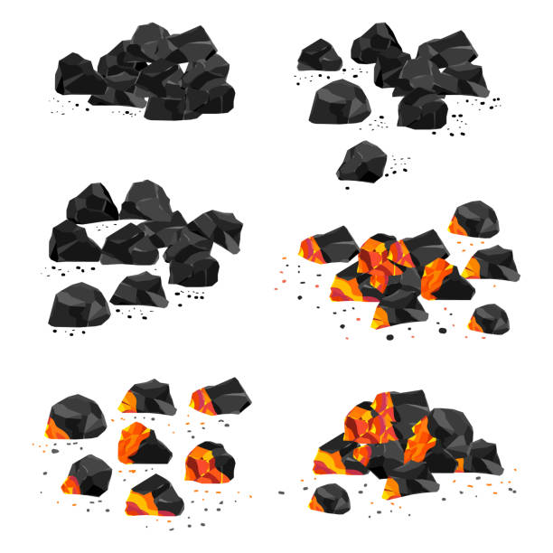 Coal and charcoal pile vector set isolated on a white background. Coal and charcoal pile vector set. ash stock illustrations