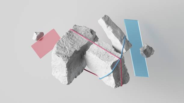istock 3d illustration, abstract background with white broken rocks, cobble stones and colored glass pieces tied with rope. Modern minimal installation with flying objects 1318431427