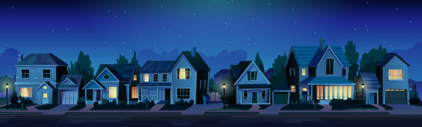 Urban or suburban neighborhood at night, houses with lights, late evening or midnight. Vector homes with garages,trees and driveway. Suburb village landscape with cottage buildings, street lamps Urban or suburban neighborhood at night, houses with lights, late evening or midnight. Vector homes with garages,trees and driveway. Suburb village landscape with cottage buildings, street lamps residential district stock illustrations