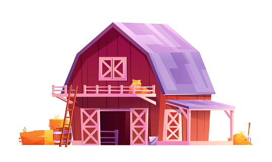 Red wooden barn with triangular gray roof, windows and open doors with white boards isolated rural house. Vector stables, barnyard with gates and hay, barrel. Farmhouse building, shelter warehouse