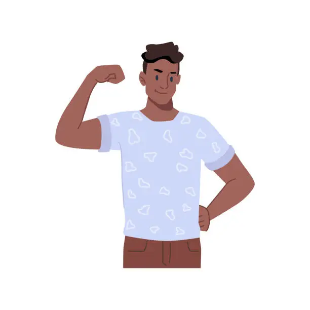 Vector illustration of Boating afro american teenager showing biceps and muscles on arm. Isolated male character gesturing and communication in nonverbal mean, sporty and optimistic guy. Vector in flat cartoon style