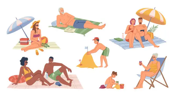 Vector illustration of Set of people relaxing on beach isolated flat cartoon characters. Vector afro american man and woman sunbathing, child building sandy castles, couple sitting under umbrella, granny drinks cocktail