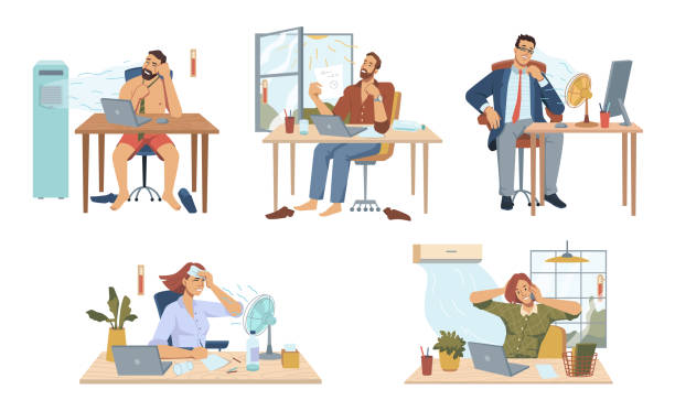 Employees working in office during summer heat, isolated people using fans and air conditioning systems to cool down. Sweating males and females by computers and desks. Vector in flat cartoon style Employees working in office during summer heat, isolated people using fans and air conditioning systems to cool down. Sweating males and females by computers and desks. Vector in flat cartoon style heatwave stock illustrations