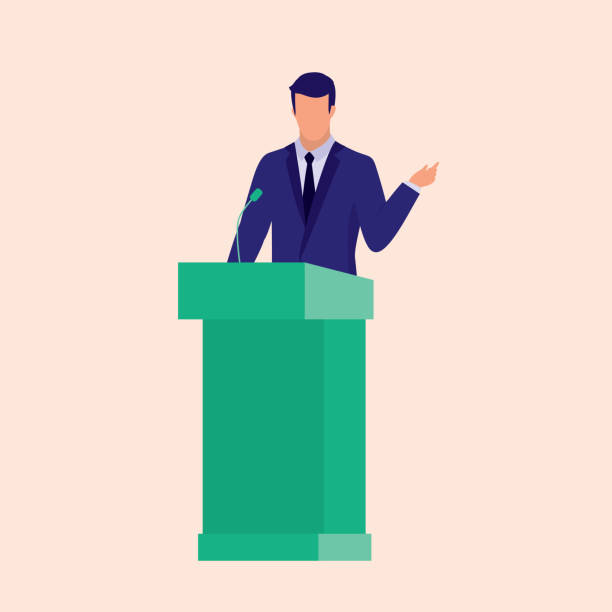 ilustrações de stock, clip art, desenhos animados e ícones de man in suit public speaker standing behind a podium. political conference concept. vector flat cartoon illustration. - presidential candidate audio