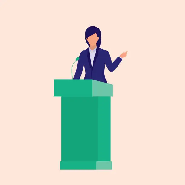 Vector illustration of Woman In Suit Public Speaker Standing Behind A Podium. Political Conference Concept. Vector Flat Cartoon Illustration.