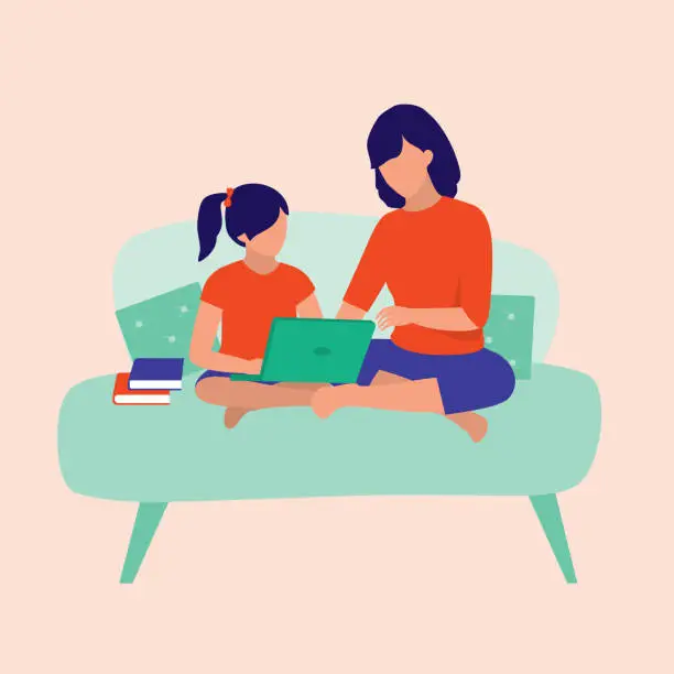 Vector illustration of Daughter Having Homeschooling At Home. Online Education Concept. Vector Flat Cartoon Illustration.