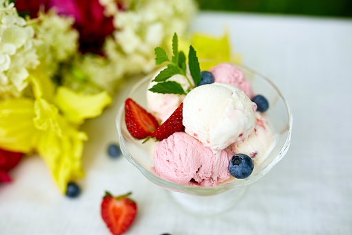 Tasty Ice cream and fresh blueberries, strawberry in the bowl, presented with flower on a table in a garden during summer season for a party
