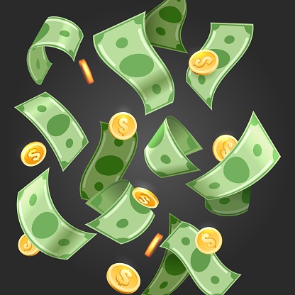 Dollar falling rain. Floating money wallpaper, flying cash shower vector illustration, bills and coins raining cartoon background