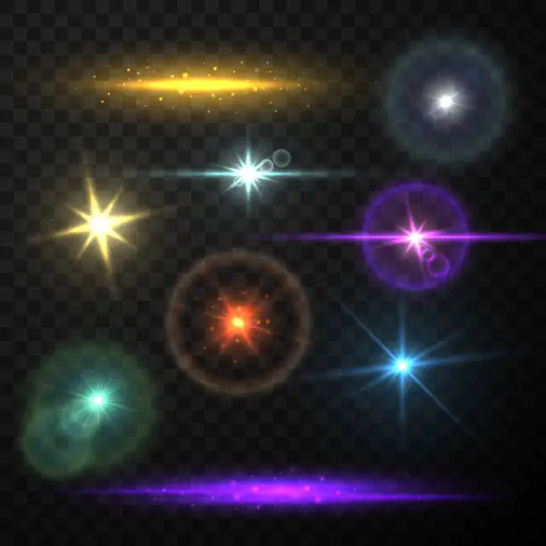 Vector illustration of Collection realistic lens flare light vector illustration. Bright glow sparkles shining stars effect