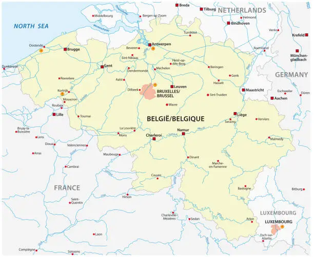 Vector illustration of vector map of belgium with main cities