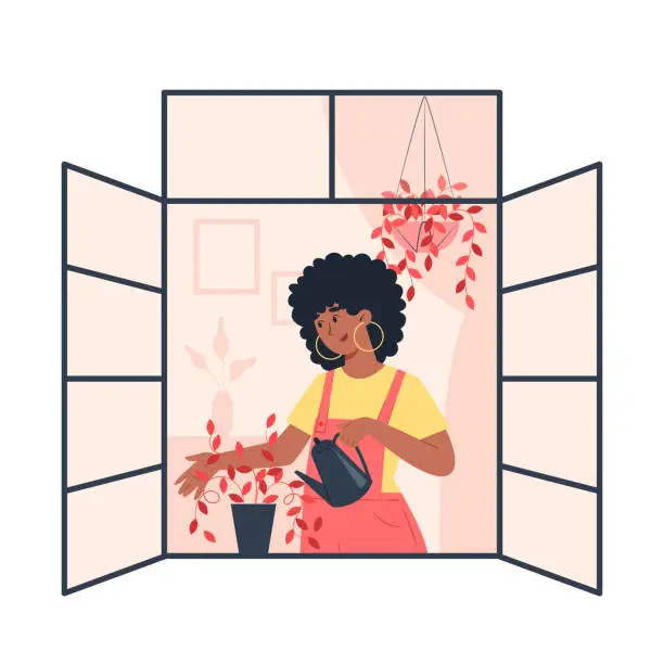 Vector illustration of Young woman watering plants on an open window