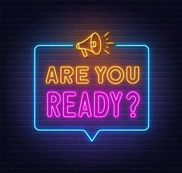 ilustrações de stock, clip art, desenhos animados e ícones de are you ready neon sign in the speech bubble on brick wall background. - question mark audio