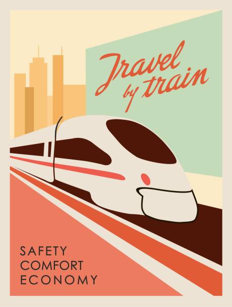 ретро стиль плакат путешествия на поезде . создать рекламу для туристических агентств. дизайн интерьера. - train transportation railroad track industry stock illustrations