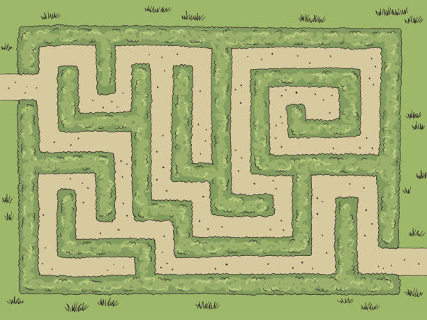 garten labyrinth busch grafik farbe skizze oben luftbild illustration vektor - labyrinth stock-grafiken, -clipart, -cartoons und -symbole