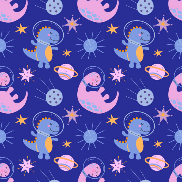 Seamless pattern with cute dinosaurs in cosmos. Blue background, vector graphics. For wrapping paper, textiles, childrens clothing, cover prints, mugs, notebooks, wrapping paper Seamless pattern with cute dinosaurs in cosmos. Blue background, vector graphics. For wrapping paper, textiles, childrens clothing, cover prints, mugs, notebooks, wrapping paper astronaut designs stock illustrations