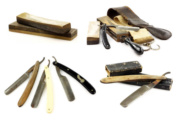 istock sharpening leathers, a sharpening stone and an old razor 1318441924