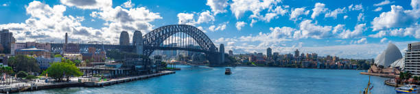 panoramic views of sydney harbour bridge opera house and luna park view from circular quay sydney australia - australian culture scenics australia panoramic imagens e fotografias de stock