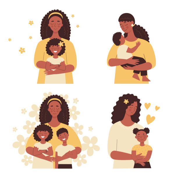 güzel afrikalı siyah kadın kucağında bir bebek tutar, anne çocuklarına sarılır. anneler günü, kadınlar günü. beyaz arka plan üzerinde izole edilmiş düz vektör insanları kümesi - mother stock illustrations