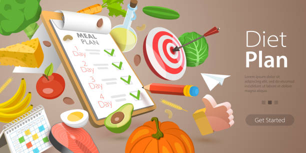 다이어트 계획의 3d 벡터 개념 적 그림, 건강한 영양 프로그램 - weight reduction plan stock illustrations