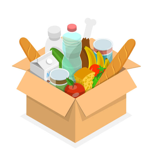 ilustrações de stock, clip art, desenhos animados e ícones de 3d isometric flat vector conceptual illustration of food pantry icon - food donation box groceries canned food