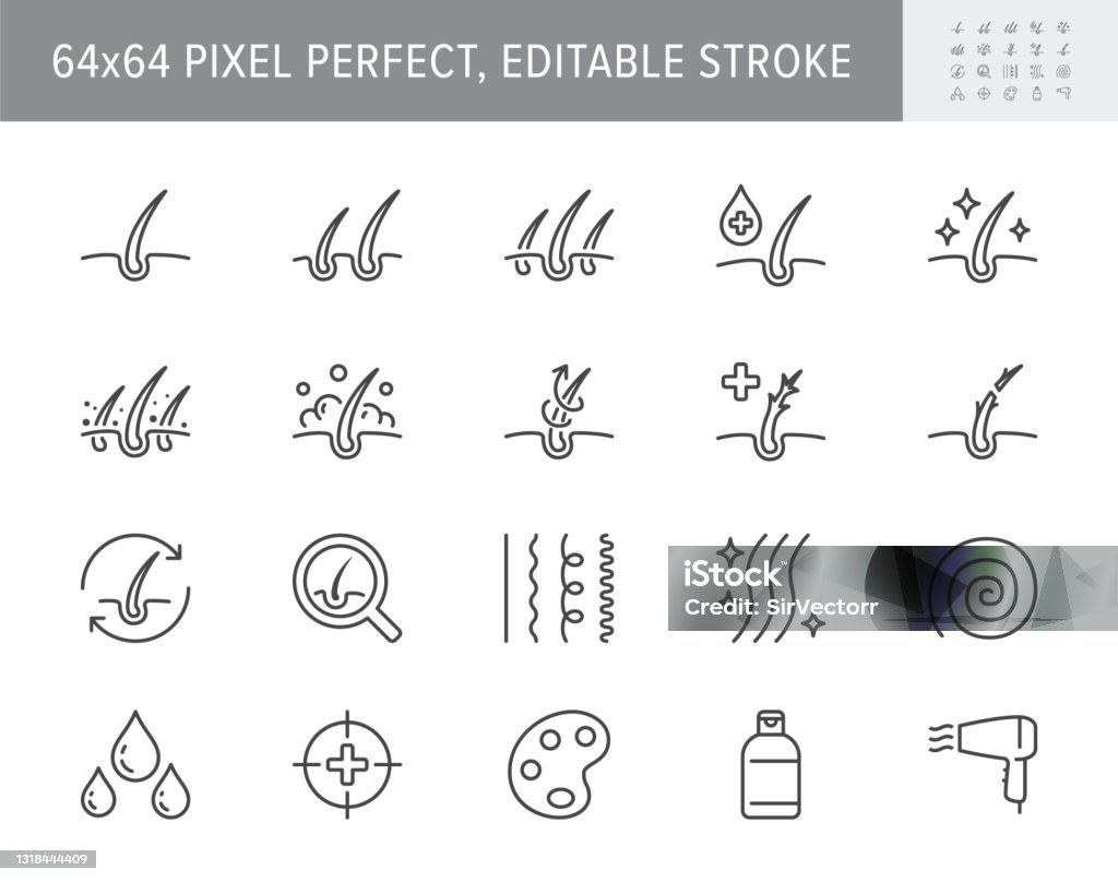 Iconos de línea cosmética para el cabello. Ilustración vectorial incluyen icono - cuidado de la piel, encrespamiento, reparación, revitalización, cuero cabelludo, caspa, pictograma contorno folículo para la trifología. 64x64 Píxel Perfecto, Trazo E - arte vectorial de Ícono libre de derechos Iconos de línea cosmética para el cabello. Ilustración vectorial incluyen icono - cuidado de la piel, encrespamiento, reparación, revitalización, cuero cabelludo, caspa, pictograma contorno folículo para la trifología. 64x64 Píxel Perfecto, Trazo E - arte vectorial de Ícono libre de derechos