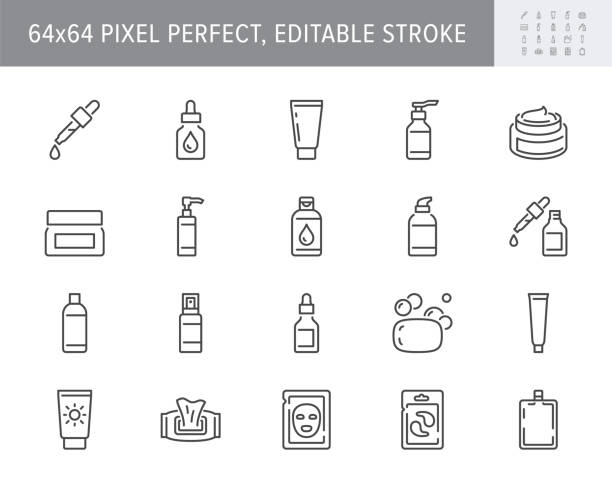Cleanser cosmetic line icons. Vector illustration include icon - cream, collagen, mask, makeup lotion, serum, sunscreen outline pictogram for skincare product. 64x64 Pixel Perfect, Editable Stroke Cleanser cosmetic line icons. Vector illustration include icon - cream, collagen, mask, makeup lotion, serum, sunscreen outline pictogram for skincare product. 64x64 Pixel Perfect, Editable Stroke. dropper stock illustrations