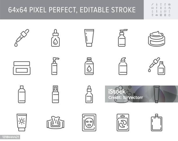 Cleanser Cosmetic Line Icons Vector Illustration Include Icon Cream Collagen Mask Makeup Lotion Serum Sunscreen Outline Pictogram For Skincare Product 64x64 Pixel Perfect Editable Stroke Stock Illustration - Download Image Now