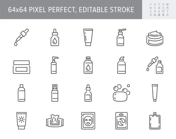 Vector illustration of Cleanser cosmetic line icons. Vector illustration include icon - cream, collagen, mask, makeup lotion, serum, sunscreen outline pictogram for skincare product. 64x64 Pixel Perfect, Editable Stroke
