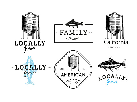 Logos set with a farm hopper and a trout in vector. Graphic illustrations of grain tanks and a salmon with hand lettering. Used for market packaging, store label, restaurant and farm tag etc.