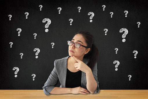 Business woman thinking with question marks on blackboard