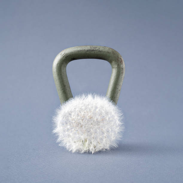 Sports heavy kettlebell along with a light white dandelion. A fun metaphor about the force of gravity, lightness and fragility. Minimal modern creative concept.