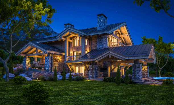 istock 3d rendering of modern cozy chalet in night 1318445801