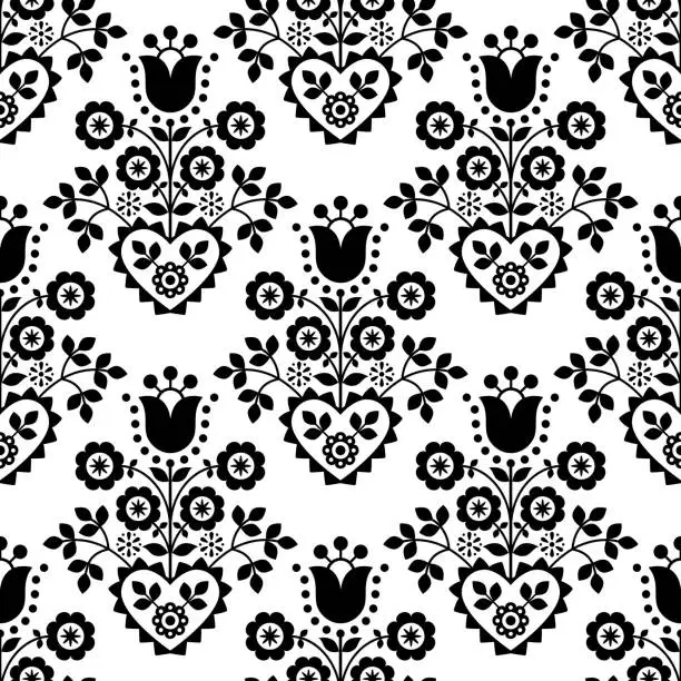 Vector illustration of Retro floral vector seamless pattern perfect for textile or fabric print, black and white decor inspired by folk art from Nowy Sacz, Poland
