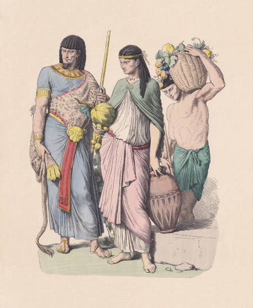 Ancient Egypt, priest and peasants, hand-colored wood engraving, published c.1880 Ancient Egypt: Priest (left) and woman and man from the people. Hand colored wood engraving, published c. 1880. drawing of slaves working stock illustrations
