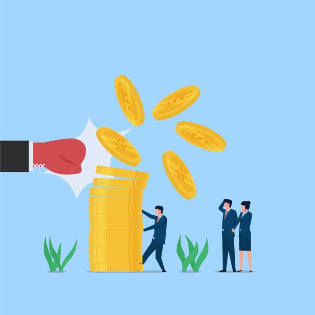 istock Big hand punch on coin stack and man holding it metaphor of survive and crisis. Business flat vector concept illustration. 1318450366