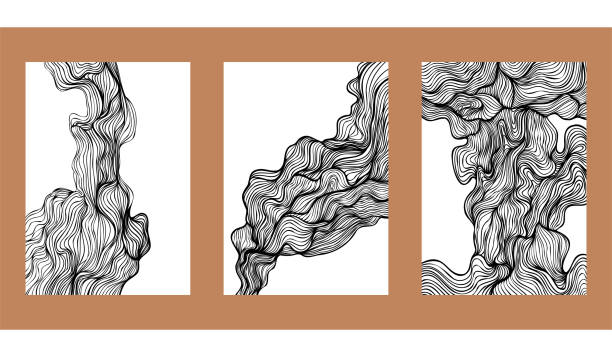 The movement of air, aromatic mixtures. Set of three trendy graphic posters in line art styles. Hand drawn thin line backgrounds. Monochrome images for interiors. Volumetric images of smoke. smoke stock illustrations