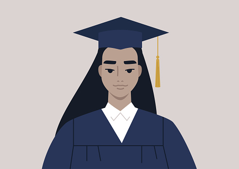 A graduation ceremony, a portrait of a female Asian student wearing a gown and a cap