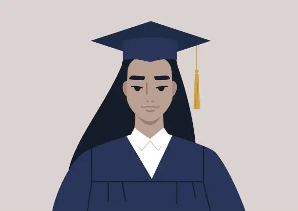 Vector illustration of A graduation ceremony, a portrait of a female Asian student wearing a gown and a cap