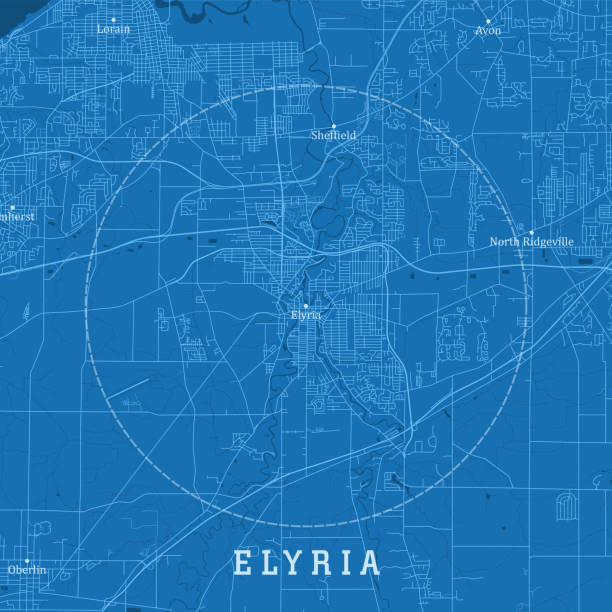 illustrazioni stock, clip art, cartoni animati e icone di tendenza di elyria oh city vector road map blue text - elyria