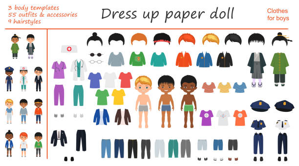 Dress up paper doll. Big set of professional, national and casual clothes for boys. Vector illustration Dress up paper doll. Big set of professional, national and casual clothes for boys. Vector illustration. Cartoon flat style kids tshirt stock illustrations