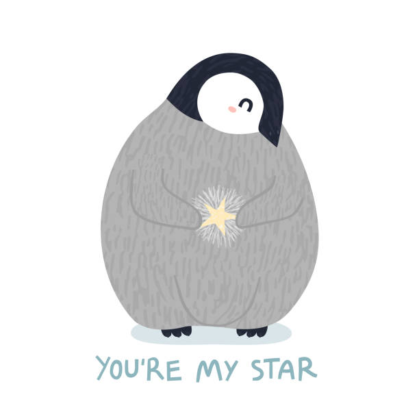 Cute penguin chick hold a star and You're My Star text quote isolated on white Cute penguin chick hold a star and You're My Star text quote isolated on white. Hand drawn emperor baby penguin bird character. Childish stock vector illustration, kids nursery poster flat design youre beautiful quotes stock illustrations